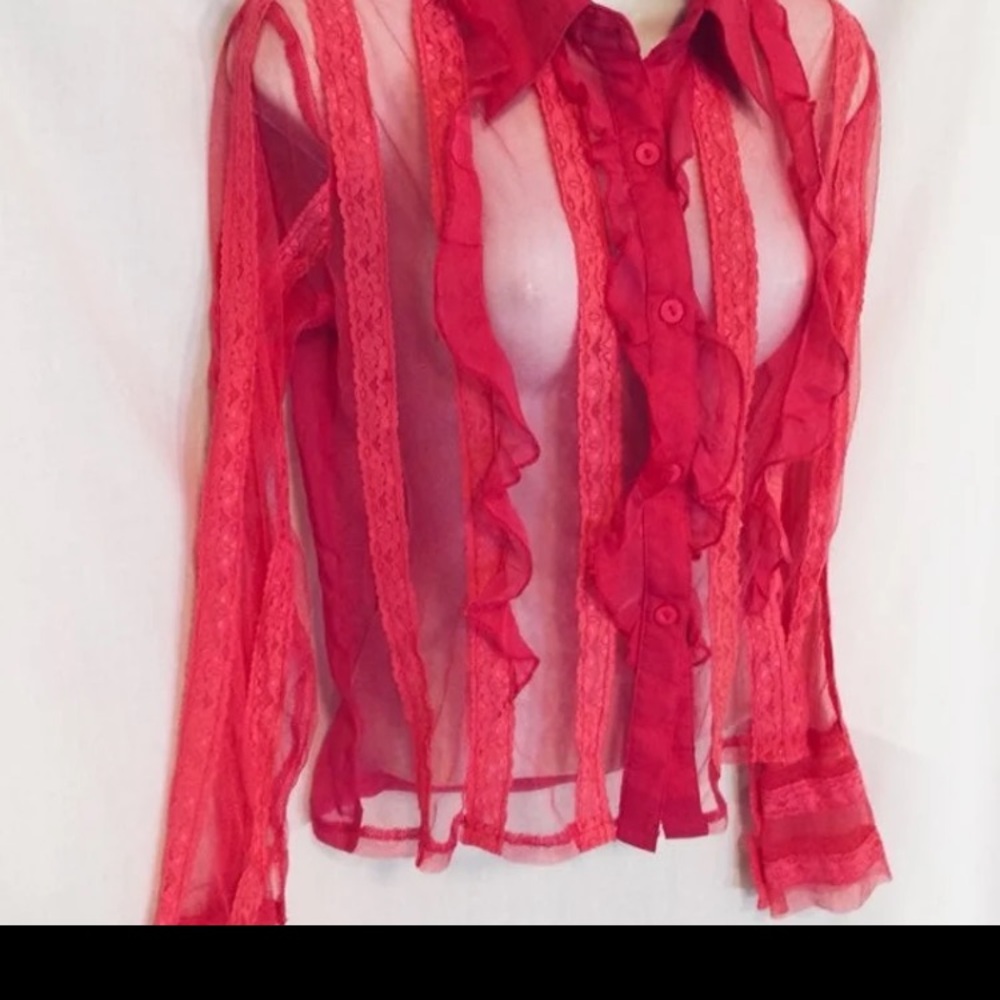 Red Sheer Lace Button-Up Blouse
